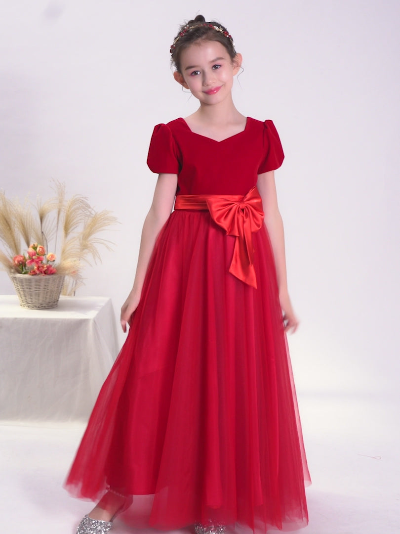 Dideyttawl Velvet Girls Formal Dress With V Neck Puff Sleeves