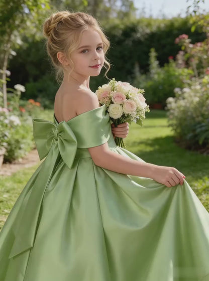 Dideyttawl Satin Flower Girl Dress A Line Off Shoulder Formal Ball Gown Bow Back
