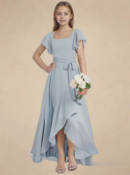 dideyttawl Long Junior Bridesmaid Dresses Ruffle Sleeve Square Neck Chiffon Flower Girl Dress for Wedding 2507