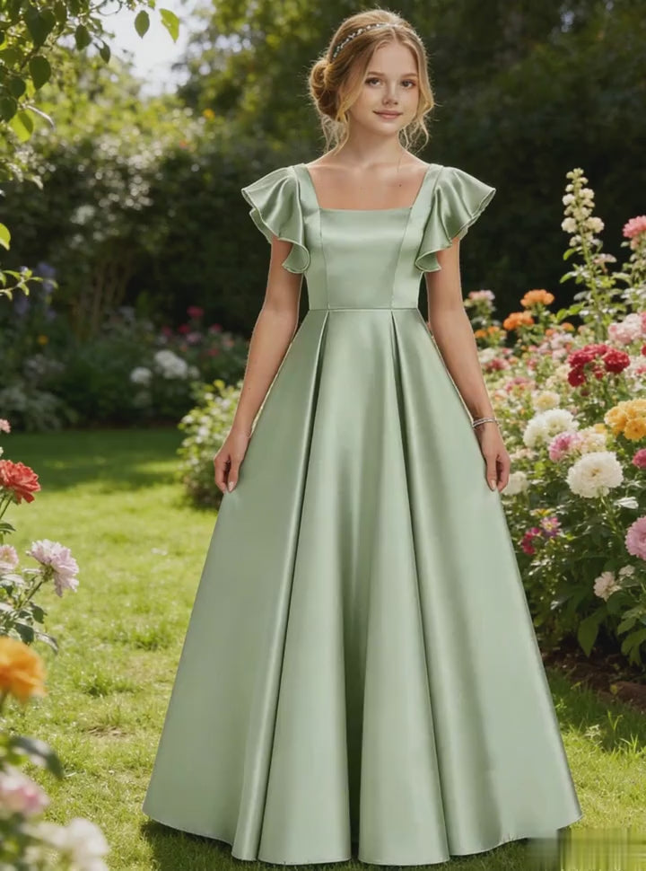Dideyttawl Sage Green Junior Bridesmaid Satin Dress Ruffle Sleeve Ball Gown