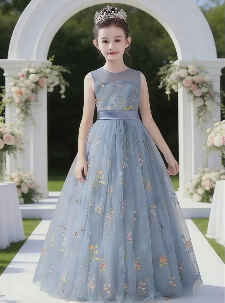 dideyttawl  Floral Tulle Girls Formal Dress Sleeveless Pageant  Prom Gown 2554