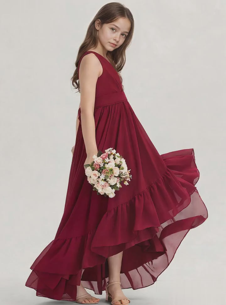 Dideyttawl Burgundy Junior Bridesmaid Dress Sleeveless High Low Chiffon Formal Gown