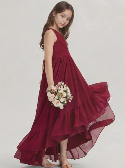 dideyttawl A-Line High Low Flower Girls Dress Long V-Neck Junior Bridesmaid Dresses for Teens Pleated Chiffon 2511