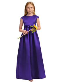 Dideyttawl White Junior Bridesmaid Dress Cap Sleeve Satin Ball Gown
