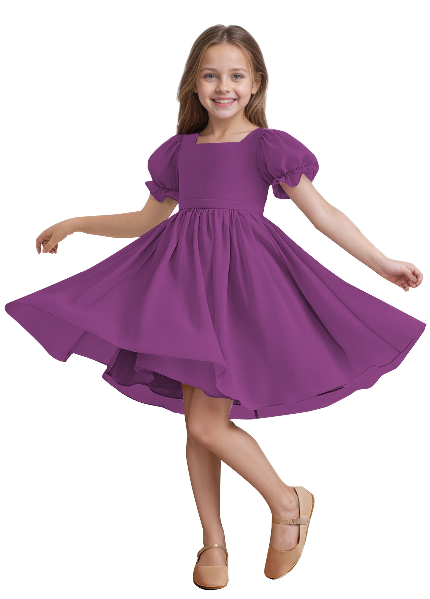 Chiffon Short Sleeves Flower Girl Dresses Knee Length Junior Bridesmaid Dresses for 4-16 650C