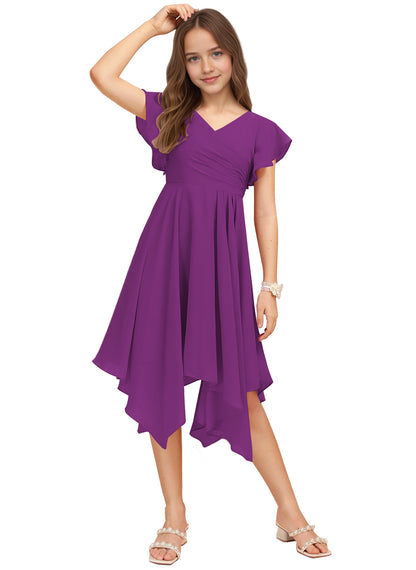Chiffon Short Junior Bridesmaid Dresses Knee Length Flutter Sleeves Flower Girl Dresses for 4-16 2505