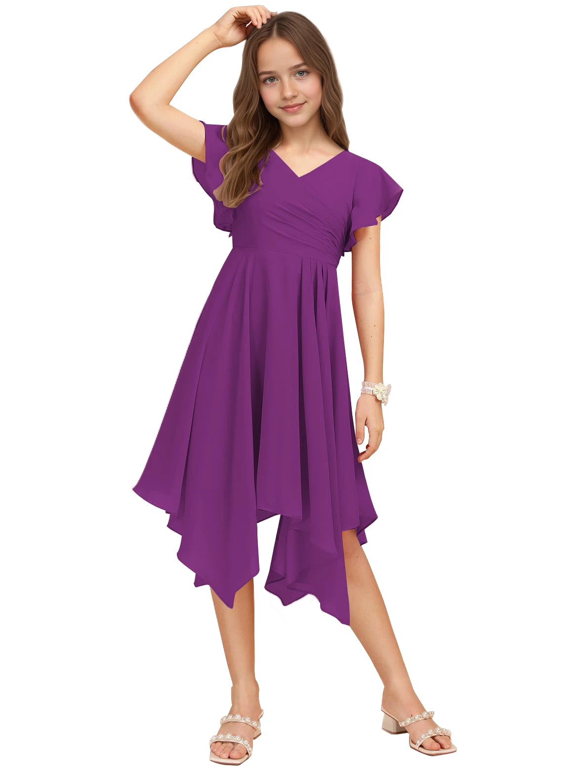 Dideyttawl Dusty Rose Junior Bridesmaid Chiffon Flutter Sleeve A-Line Dress