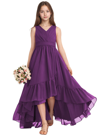 dideyttawl A-Line High Low Flower Girls Dress Long V-Neck Junior Bridesmaid Dresses for Teens Pleated Chiffon 2511