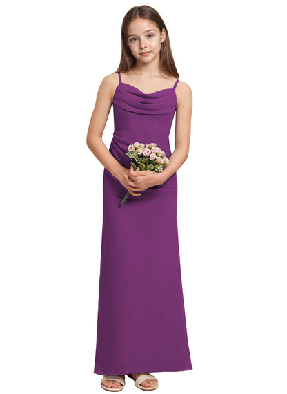 dideyttawl Long Sheathe Junior Bridesmaid Dresses for Girls Chiffon A-Line Ruched Cowl Neck Wedding Flower Girls Dress 2512