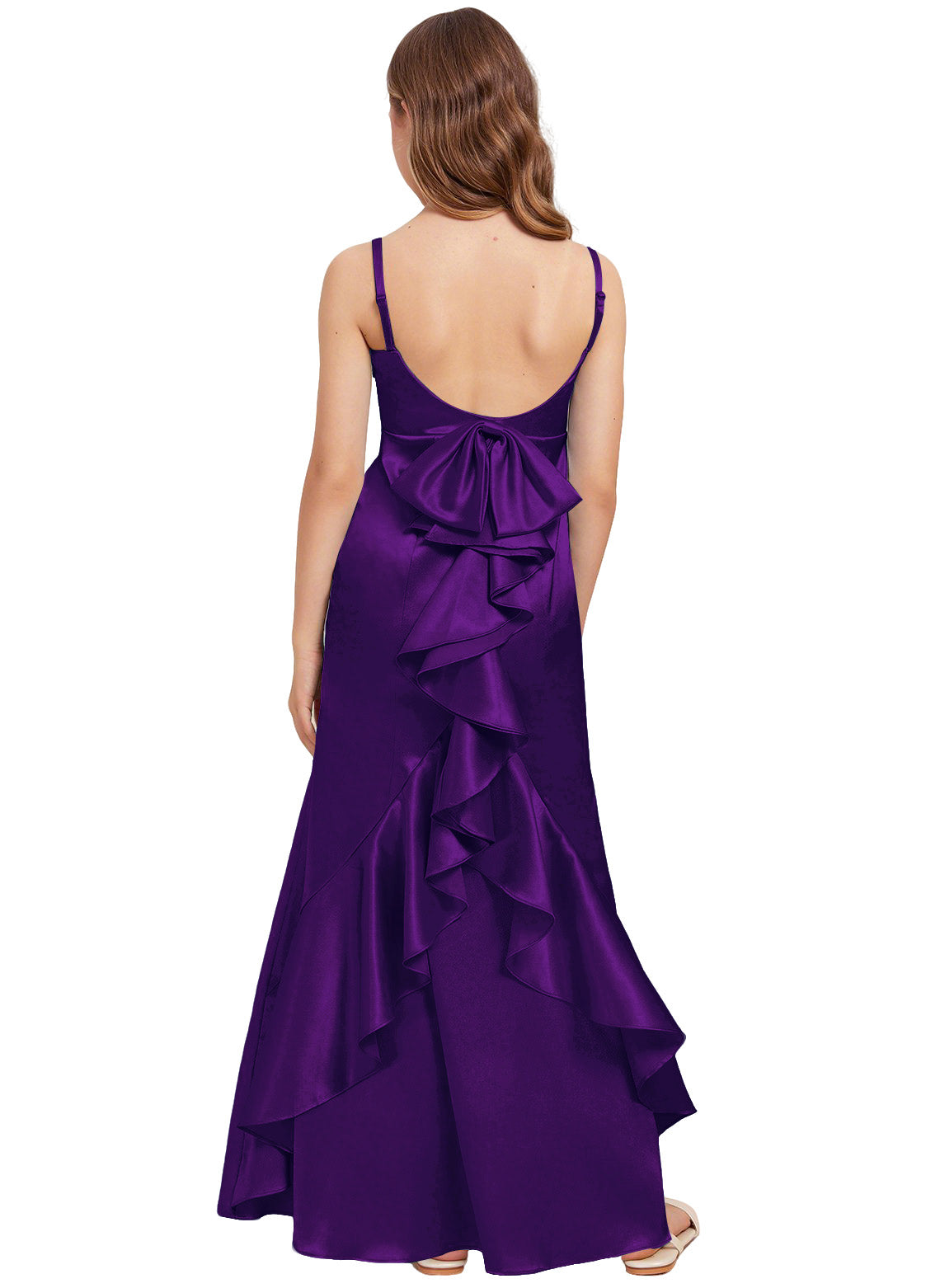 dideyttawl Mermaid Junior Bridesmaid Dress with Slit V-Neck Ruffles Bow Stretch Satin Flower Girl Dress Sleeveless Formal Special Occasion Dress for Wedding 2522