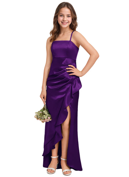 dideyttawl Sheath Junior Bridesmaid Dress with Slit Square Neck Ruffles Stretch Satin Flower Girl Dress Sleeveless Formal Special Occasion Dress for Wedding 2521
