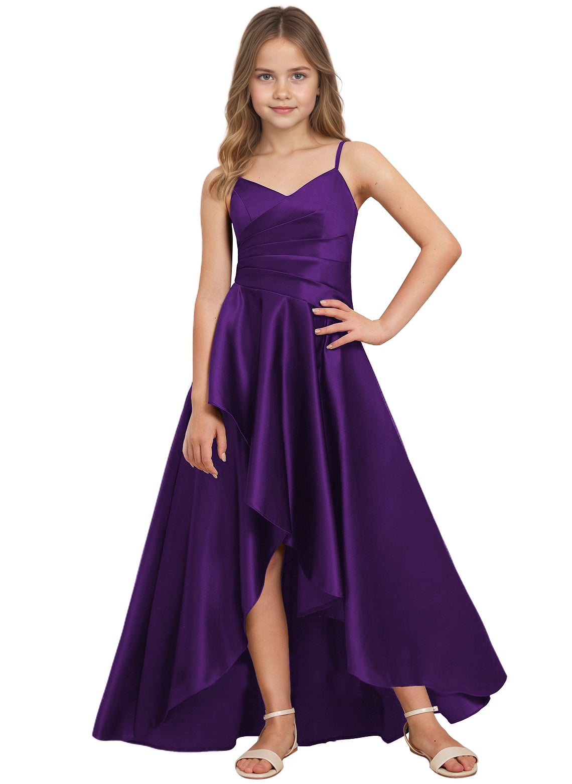 dideyttawl High Low Junior Bridesmaid Dress V-Neck Silk Satin Flower Girl Dress Sleeveless Formal Special Occasion Dress for Wedding 2523