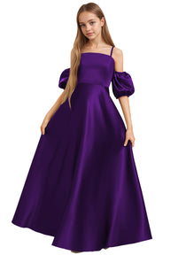 Dideyttawl Cold Shoulder Junior Bridesmaid Dress Satin Girls Pageant Gown 2525