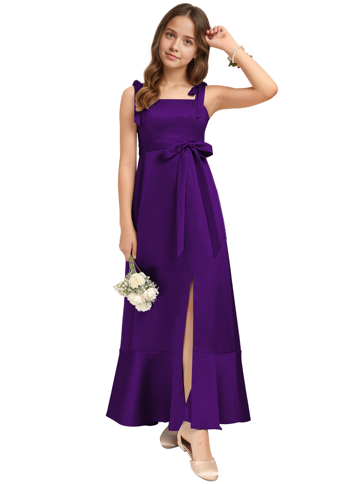 dideyttawl Junior Bridesmaid Dresses for Teens Silk Satin Adjustable Straps Flower Girl Dress with Slit 2529