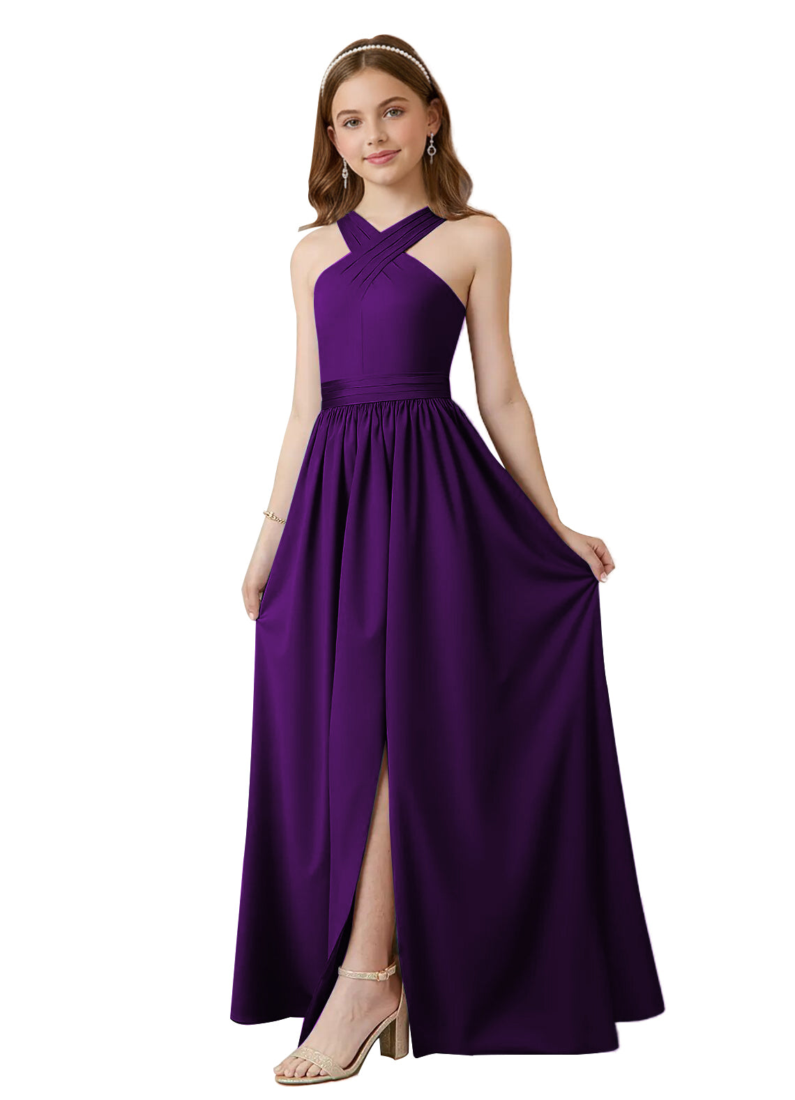 dideyttawl Junior Bridesmaid Dresses for Teen Girls Satin Halter A-Line Flower Girl Dress for Wedding 2531