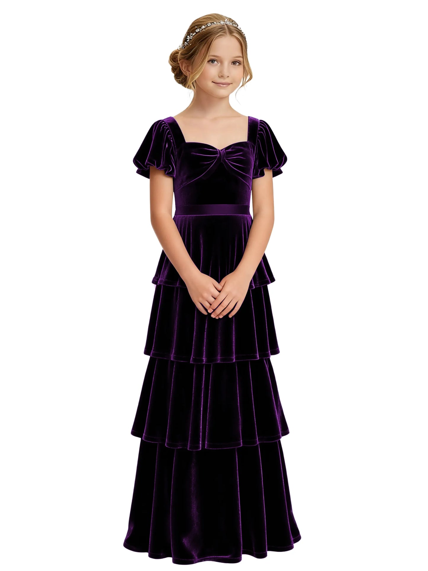 Dideyttawl Burgundy Velvet Junior Bridesmaid Dress Puff Sleeve Tiered Ruffle Formal Dress