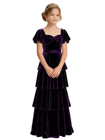 Dideyttawl Burgundy Velvet Girls Formal Dress Puff Sleeve Tiered Ruffle Formal Dress