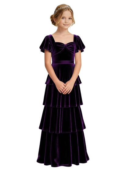 Dideyttawl Burgundy Velvet Junior Bridesmaid Dress Puff Sleeve Tiered Ruffle Formal Dress