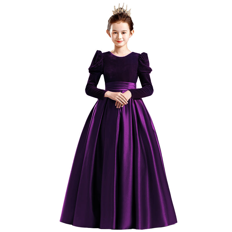 Dideyttawl Velvet Girls Formal Dress Long Sleeves Satin Flower Girl Dress 2541