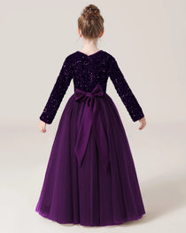 Purple Back Sequin Long Sleeve Flower Girl Dress