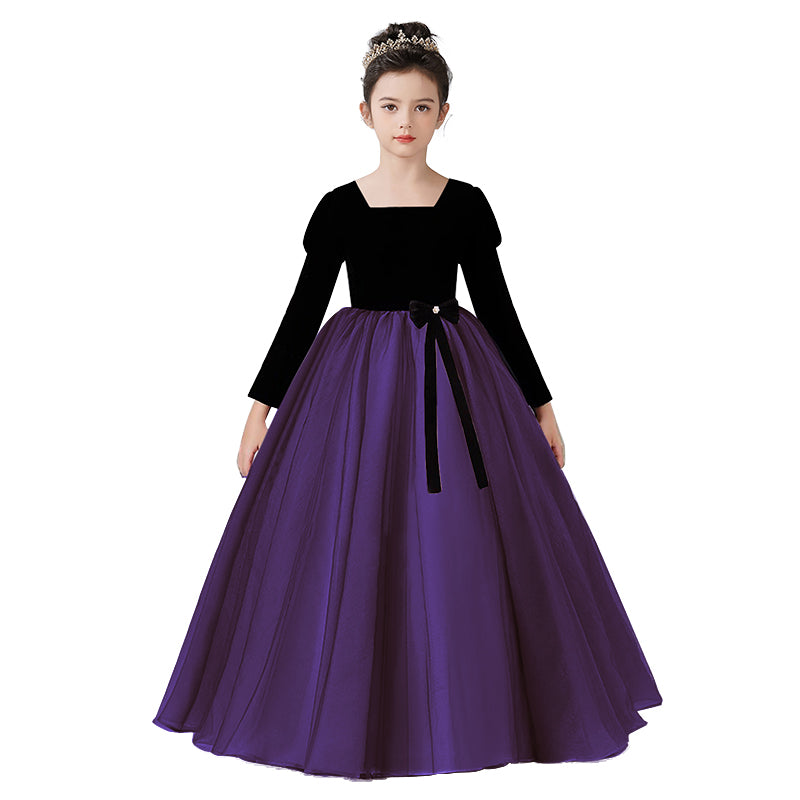 Velvet Tulle Flower Girl Dress for Wedding Girls First Communion Dress Long Sleeves Birthday Party Dress Prom Ball Gown