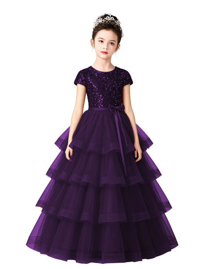 Dideyttawl Puffy Flower Girls Dress Sequins Flower Girl Dresses Sparkly Cap Sleeves Junior Bridesmaid Dress 648