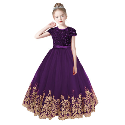 Flower Girls Dress Gold Embroidery Appliqued Puff Tulle Short Sleeves Sequins Party Dress