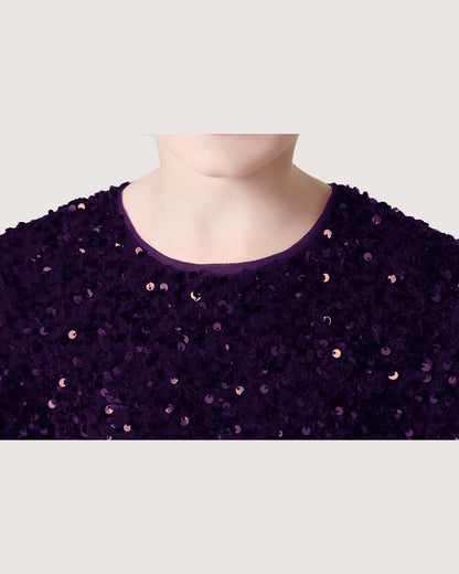 Purple Details Sequin Long Sleeve Flower Girl Dress