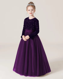 Purple Side Sequin Long Sleeve Flower Girl Dress