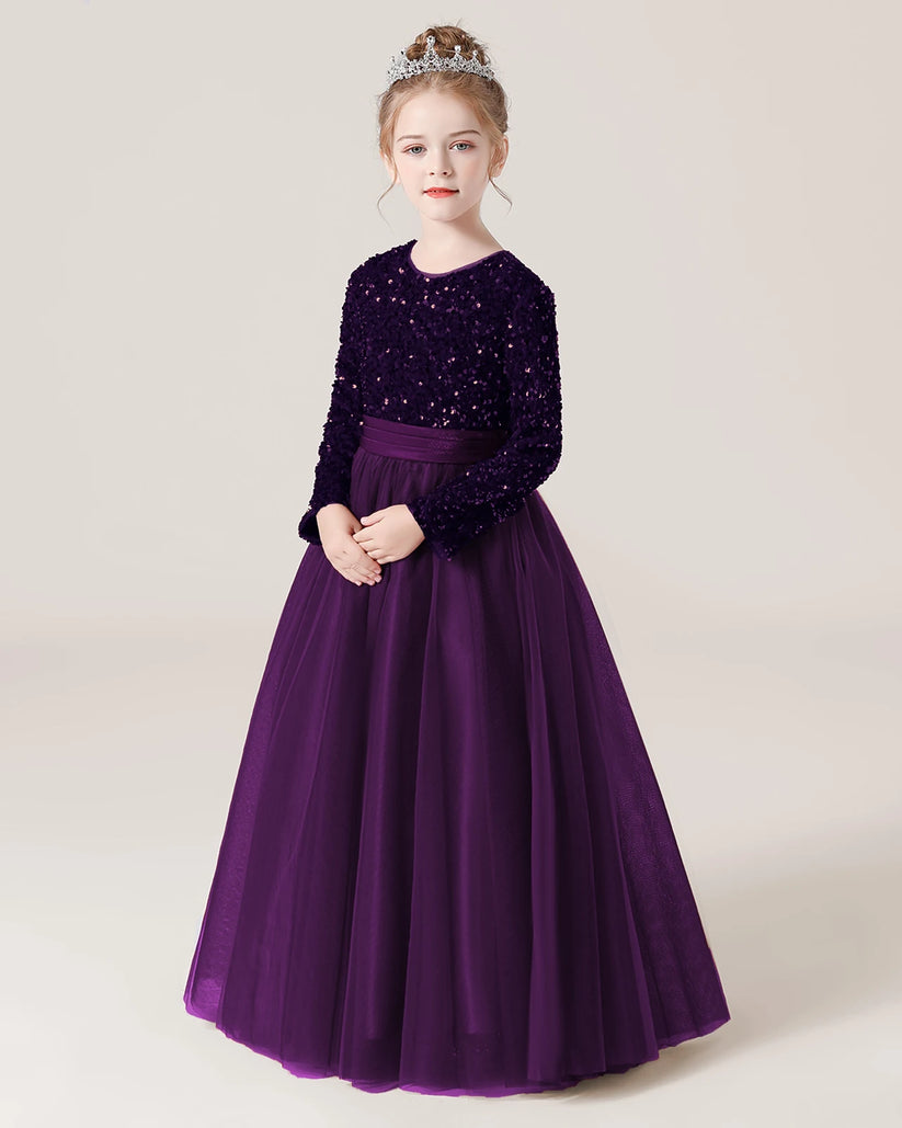 Purple Sequin Tulle A-line Girls Formal Dress Front View