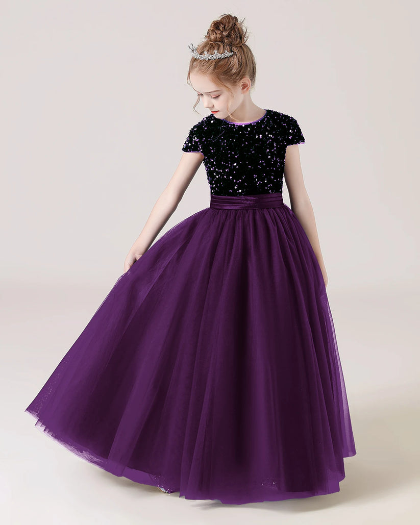 Purple Sequin Tulle A-line Girls Formal Dress Front View