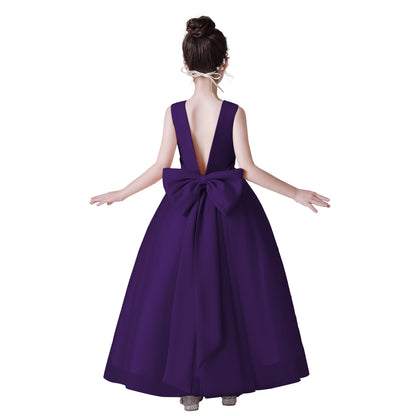 Dideyttawl Big Bow V-Back Satin Tulle Flower Girl Dress with Pearls Puffy Princess Ball Gown