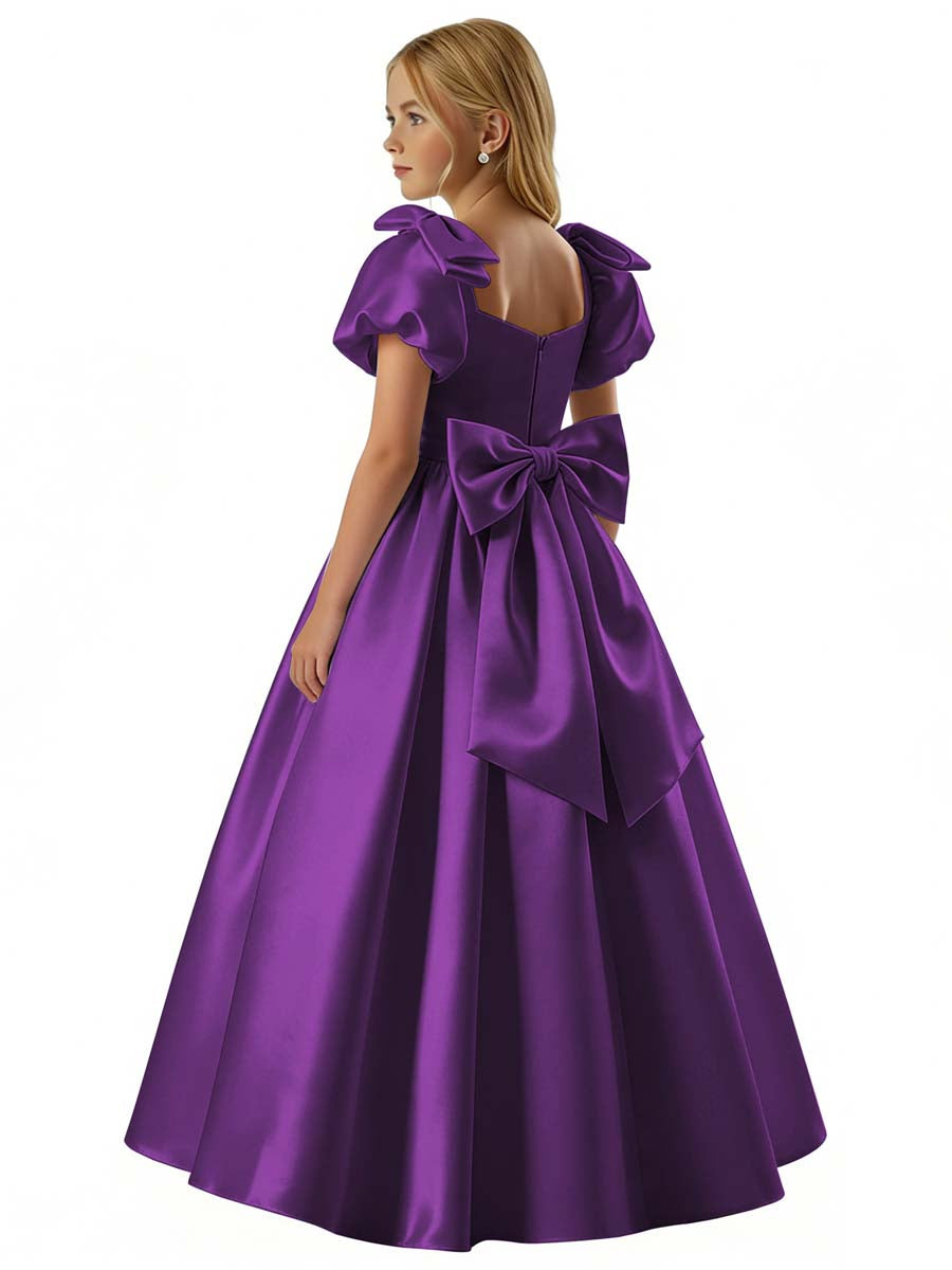 dideyttawl 2026 Satin Flower Girl Dress A Line Big Bow Long Prom Princess Ball Gown Puff Sleeves Junior Bridesmaid Dress 2773
