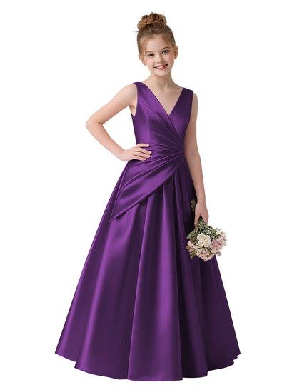 dideyttawl 2026 Pleated Satin Flower Girl Dress Junior Bridesmaid Dress Sleeveless A Line V-Neck Prom Ball Gown 2786
