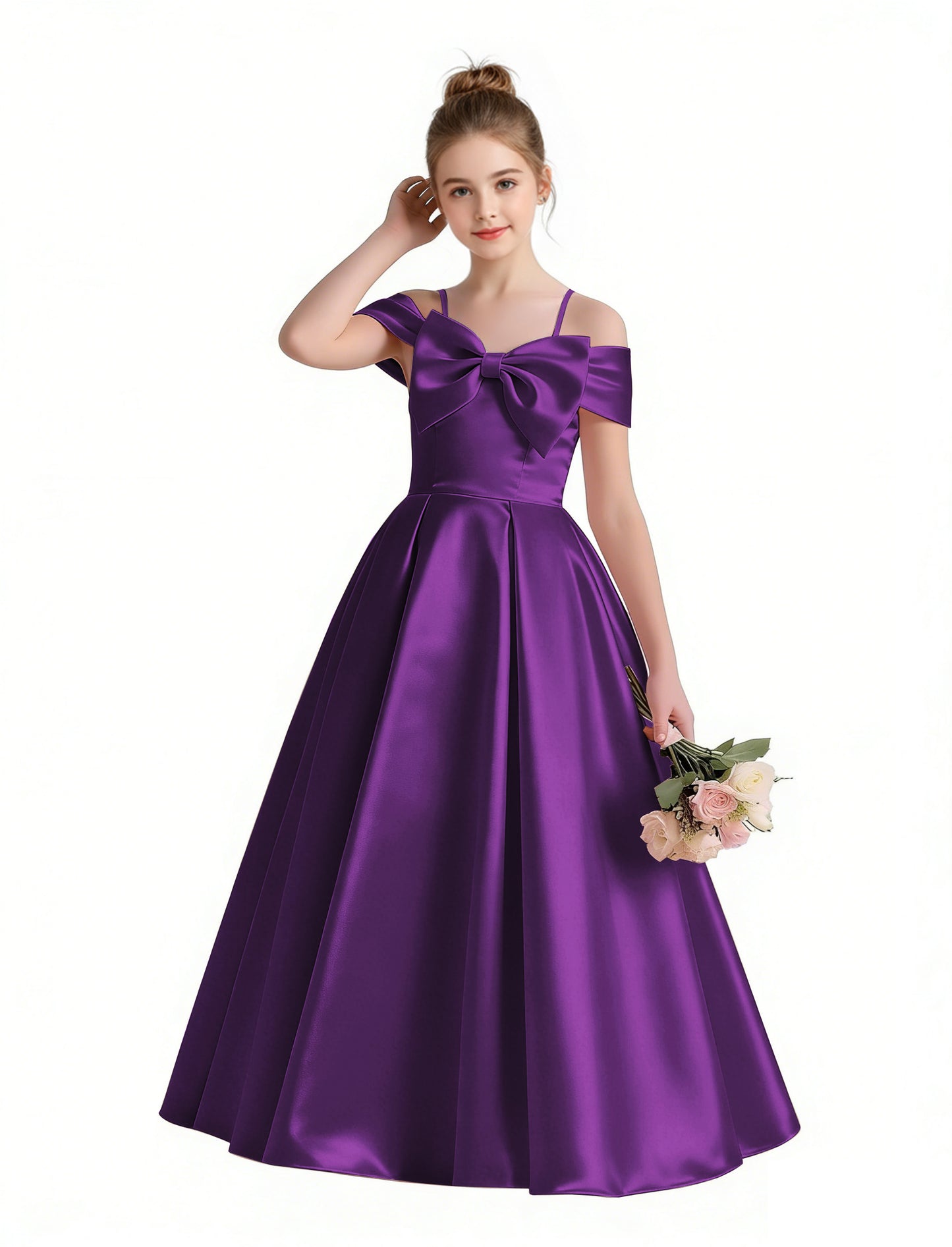 dideyttawl 2026 Off Shoulder Flower Girl Dress Big Bow Junior Bridesmaid Dress A-Line Sleeveless Prom Ball Gown 2790