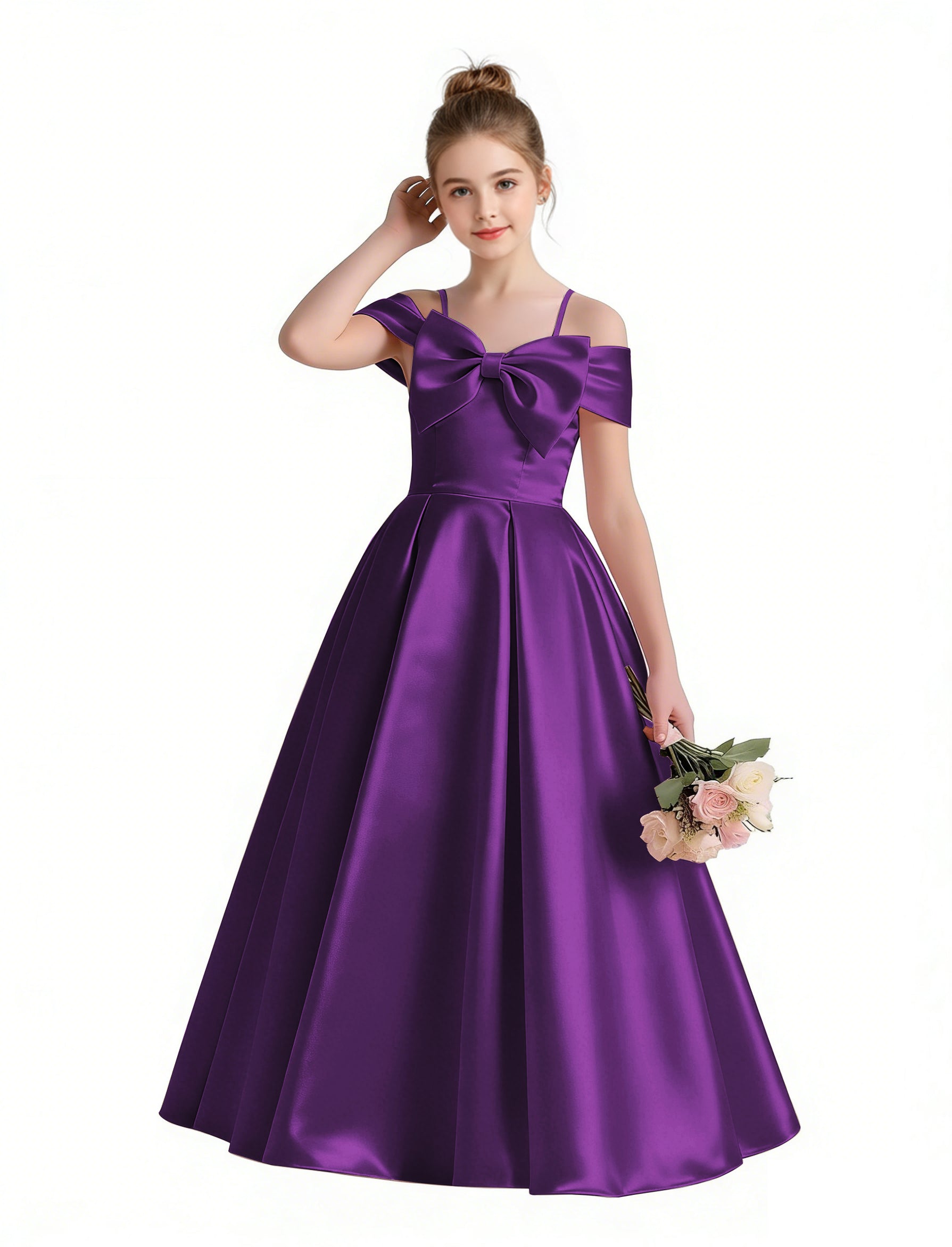 Dideyttawl White Girls Formal Dress Off-the-Shoulder Satin Ball Gown