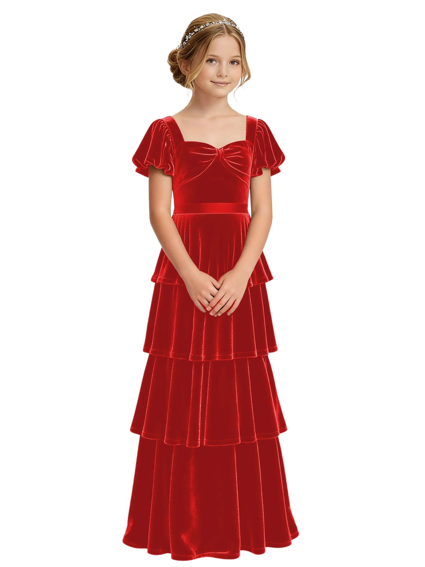 Dideyttawl Burgundy Velvet Junior Bridesmaid Dress Puff Sleeve Tiered Ruffle Formal Dress