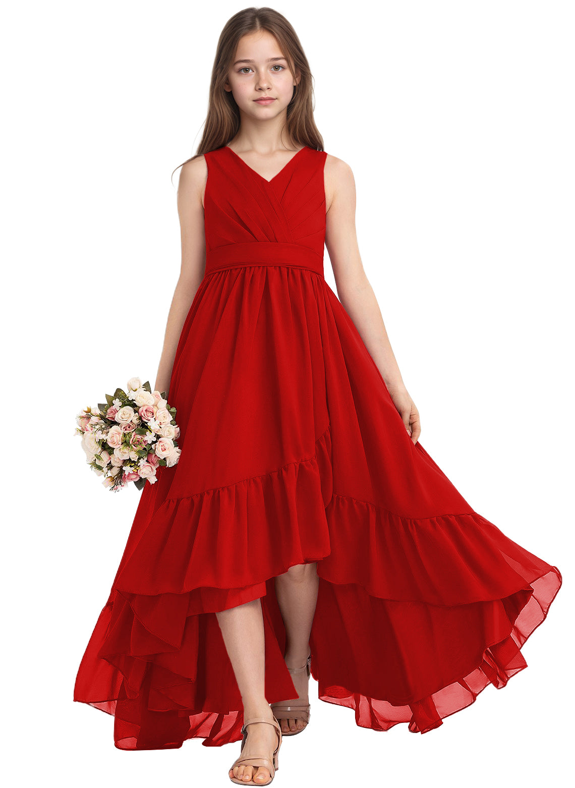 dideyttawl A-Line High Low Flower Girls Dress Long V-Neck Junior Bridesmaid Dresses for Teens Pleated Chiffon 2511