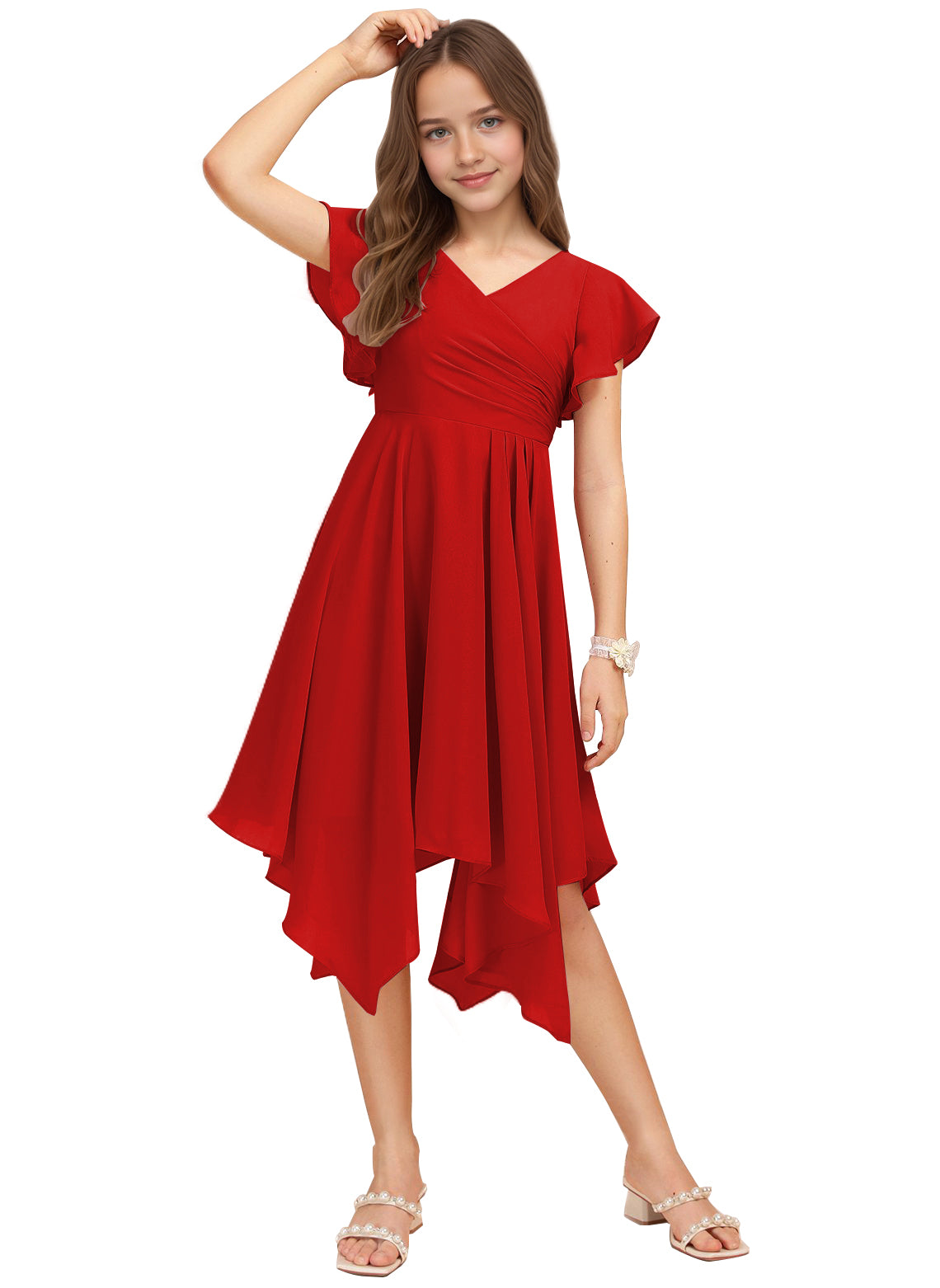 Chiffon Short Junior Bridesmaid Dresses Knee Length Flutter Sleeves Flower Girl Dresses for 4-16 2505