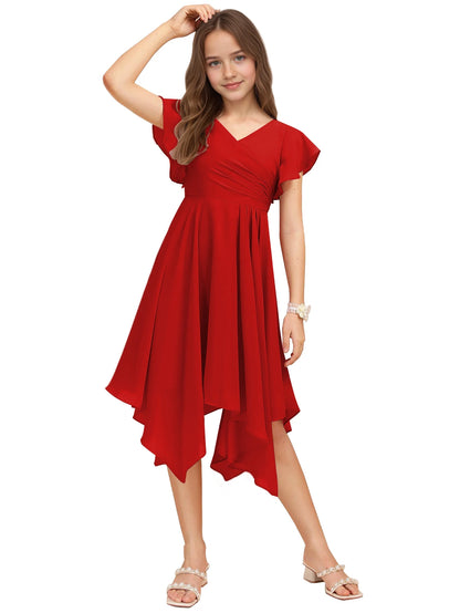 Dideyttawl Dusty Rose Junior Bridesmaid Chiffon Flutter Sleeve A-Line Dress