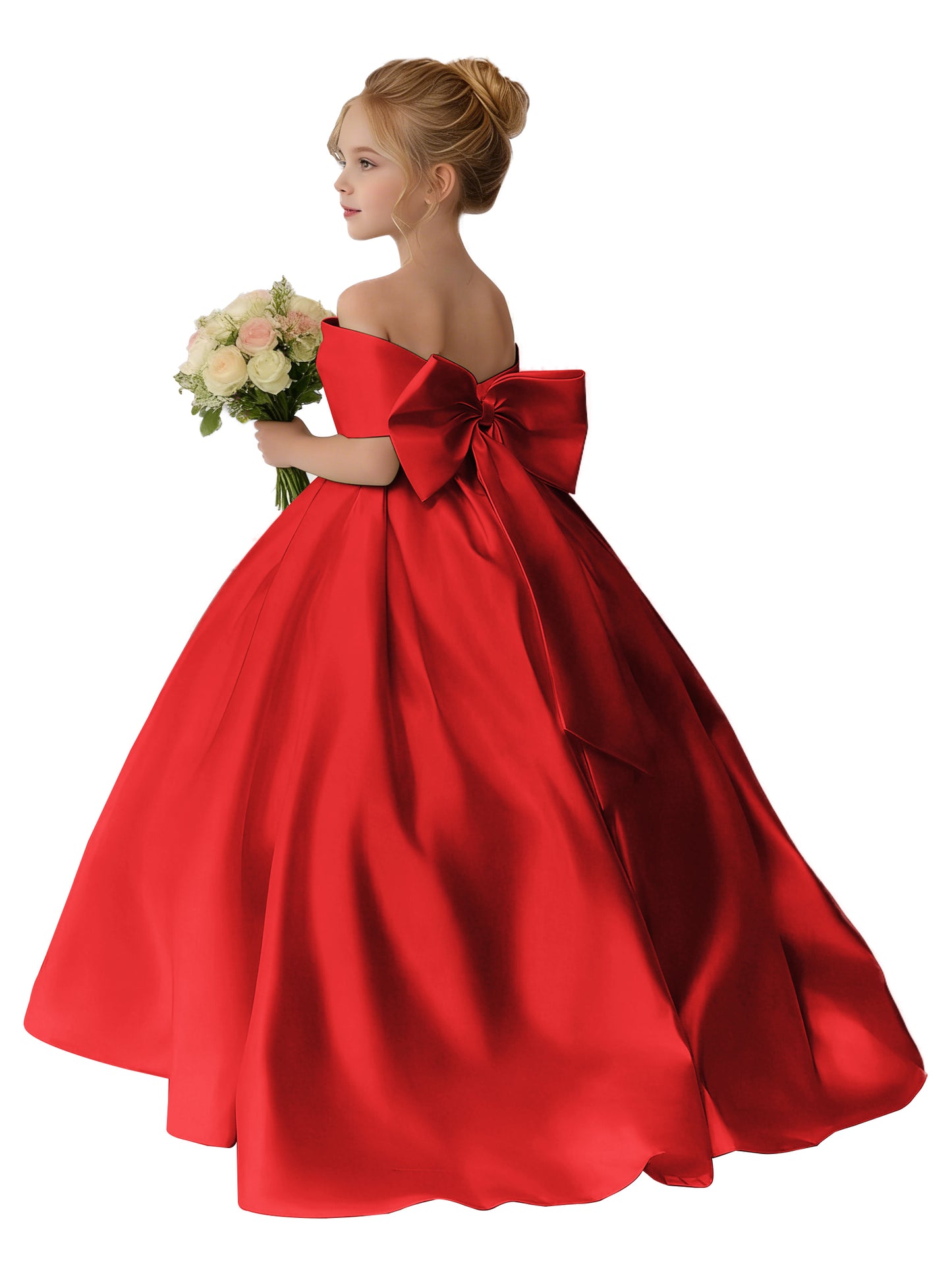 Dideyttawl Satin Flower Girl Dress A Line Off Shoulder Formal Ball Gown Bow Back