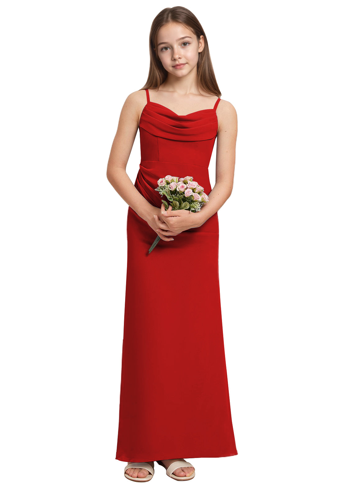 dideyttawl Long Sheathe Junior Bridesmaid Dresses for Girls Chiffon A-Line Ruched Cowl Neck Wedding Flower Girls Dress 2512