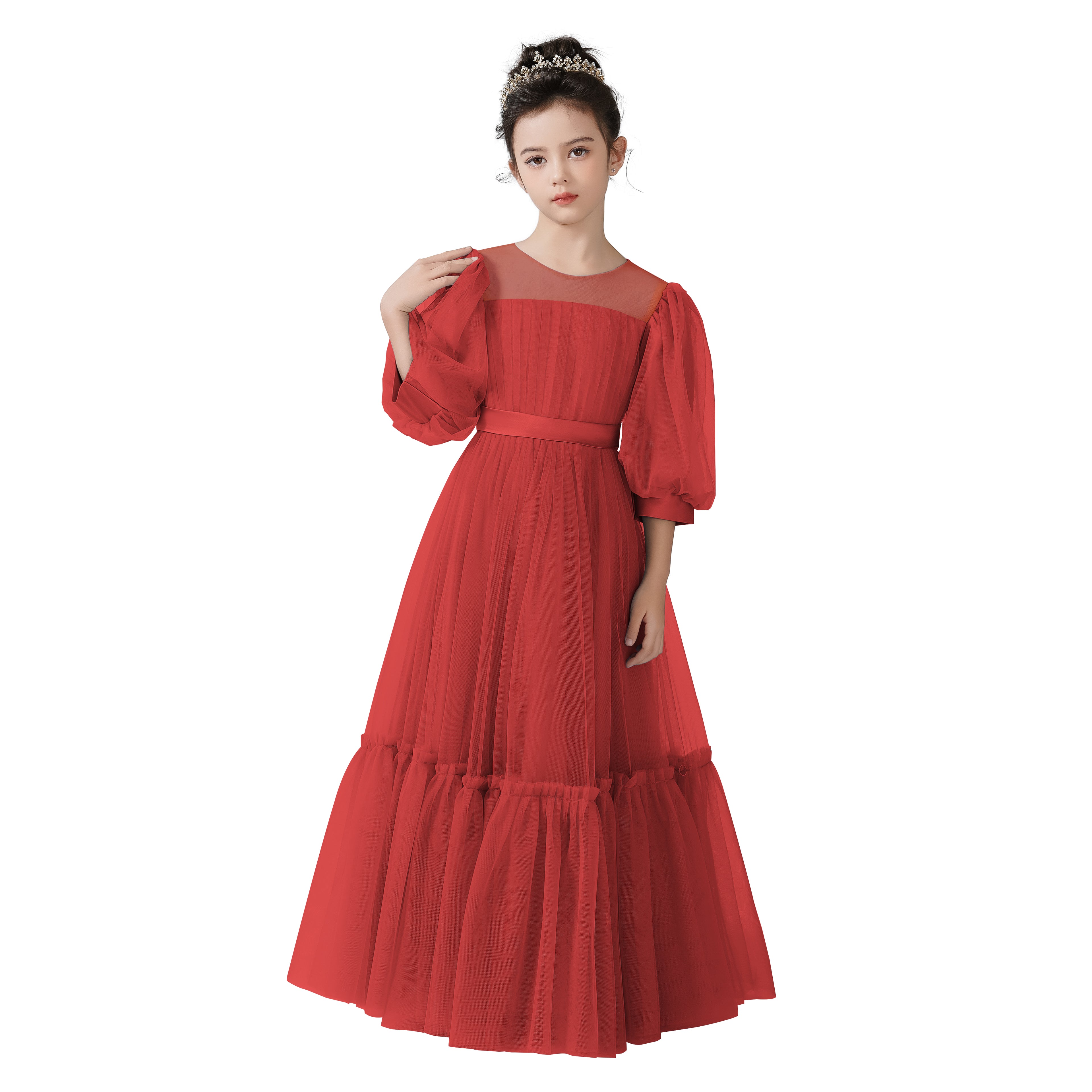 Dideyttawl Girls Dusty Blue Princess Dress Long Sleeve Tulle Ball Gown for Wedding Party