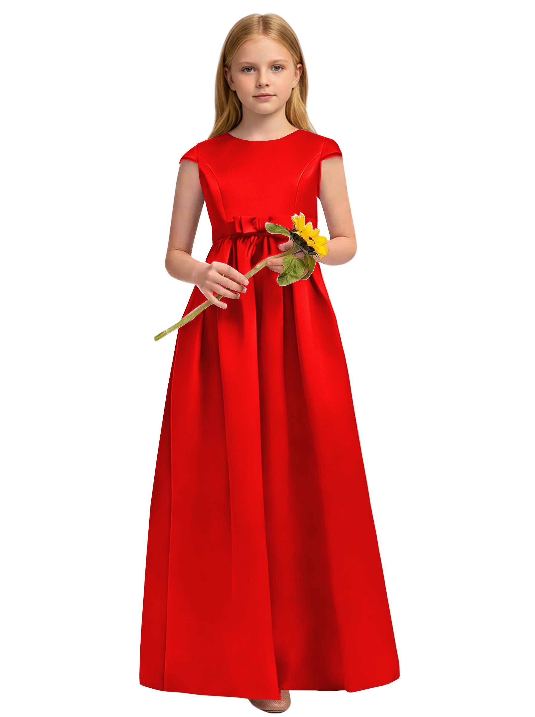 Dideyttawl White Junior Bridesmaid Dress Cap Sleeve Satin Ball Gown
