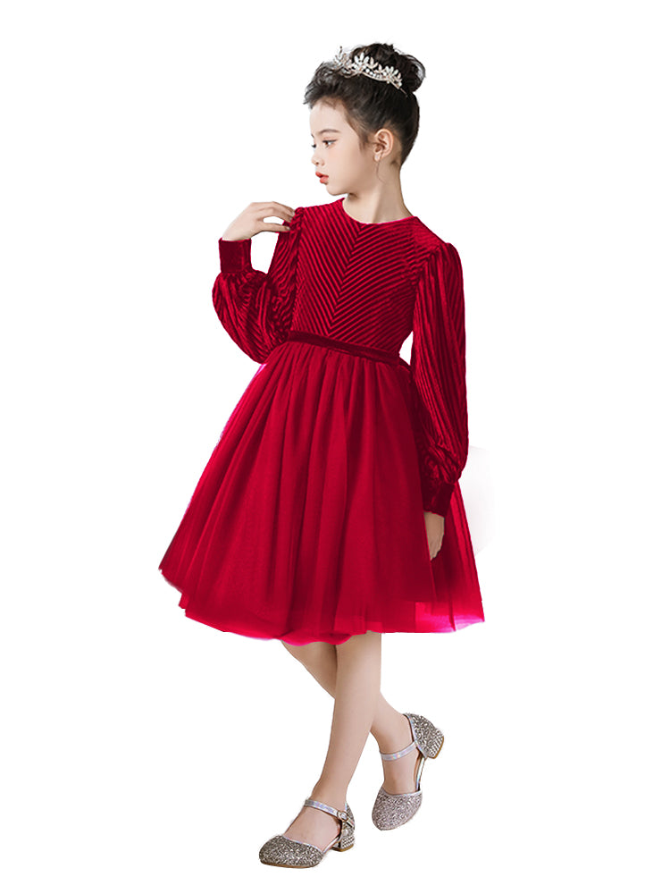 Dideyttawl Spring Girls Short Velvet Girls Formal Dress Elegant Formal Dress Lantern Long Sleeves Girls Birthday Party Dress