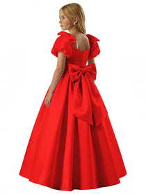 Dideyttawl White Flower Girl Dress Puff Sleeve Satin Ball Gown