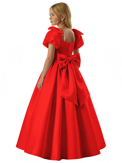 dideyttawl 2026 Satin Flower Girl Dress A Line Big Bow Long Prom Princess Ball Gown Puff Sleeves Junior Bridesmaid Dress 2773