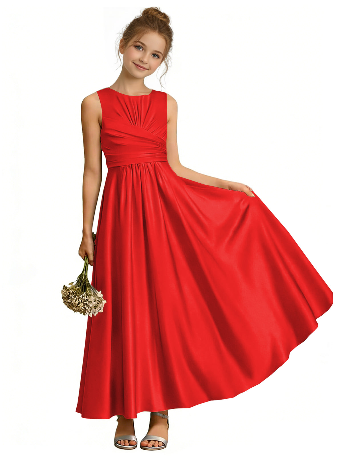 dideyttawl Satin A-Line Junior Bridesmaid Dresses Pleated Girls Special Occasion Gown