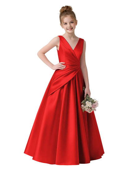 dideyttawl 2026 Pleated Satin Flower Girl Dress Junior Bridesmaid Dress Sleeveless A Line V-Neck Prom Ball Gown 2786