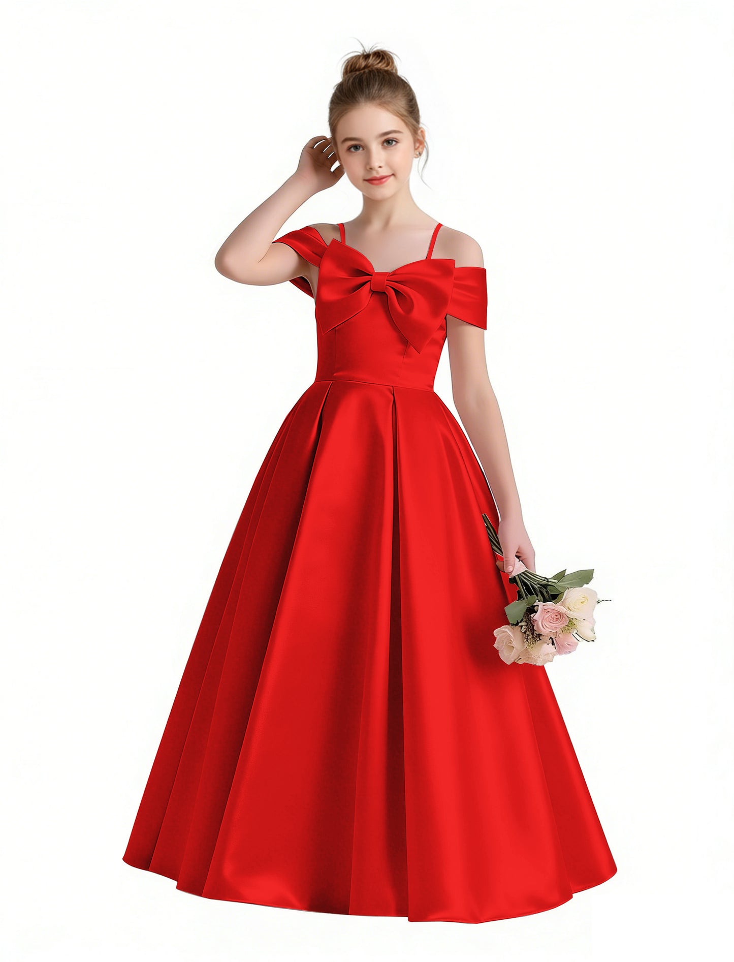 dideyttawl 2026 Off Shoulder Flower Girl Dress Big Bow Junior Bridesmaid Dress A-Line Sleeveless Prom Ball Gown 2790